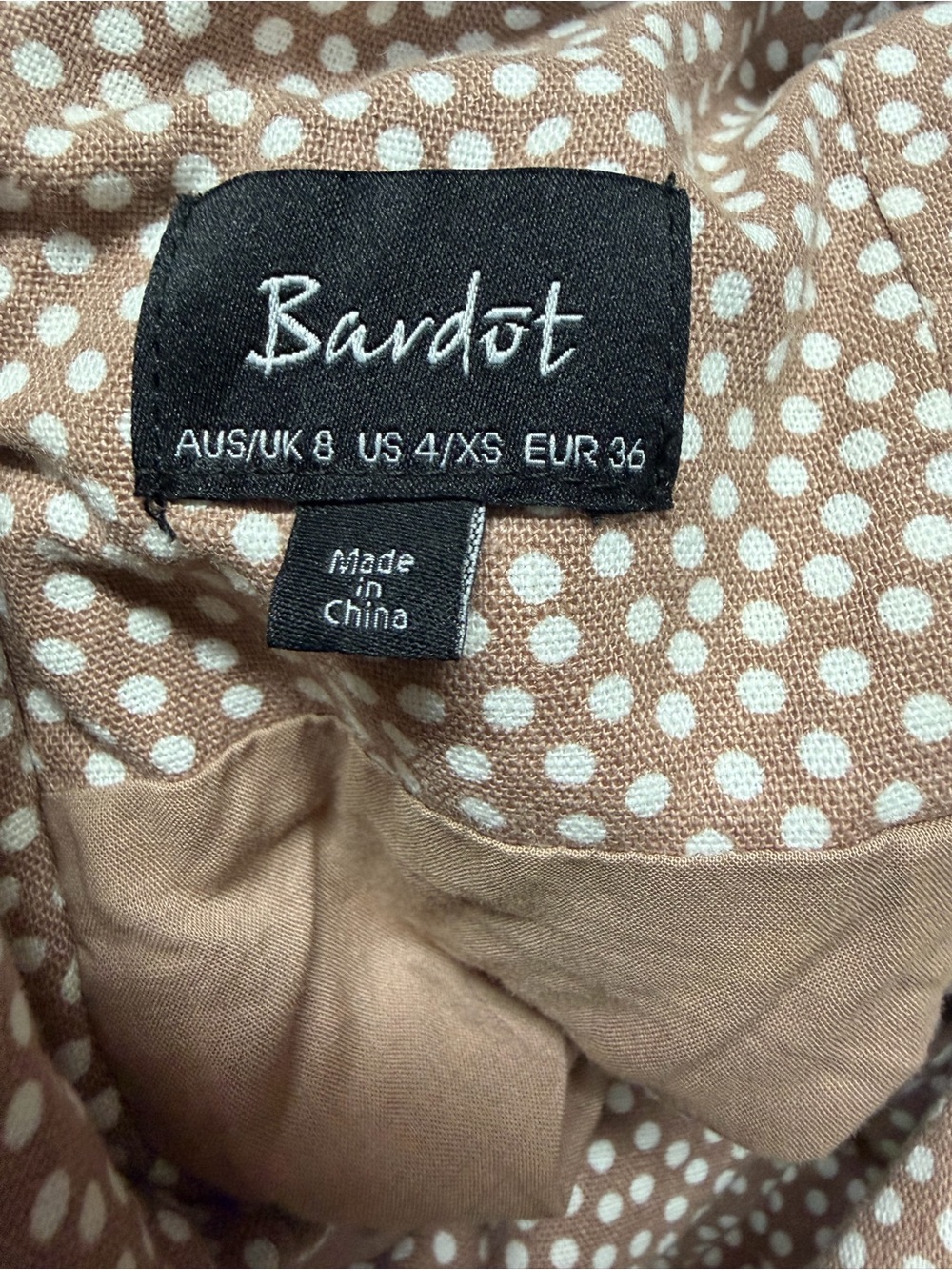 Bardot Polka Dot Linen Blend Ruffle Mini Dress Taupe Cottagecore Size 4 Summer - Picture 3 of 13